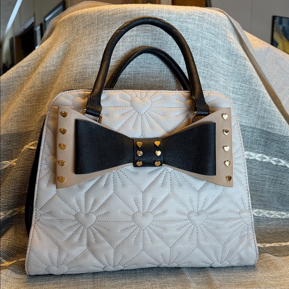 Betsey Johnson Black and Cream Satchel with Heart Bow